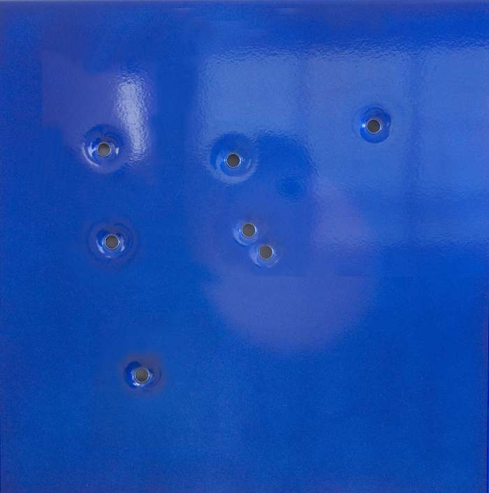 Seven Bullet Holes in Blue, 2008, gunshot stainless steel, 18x18 in